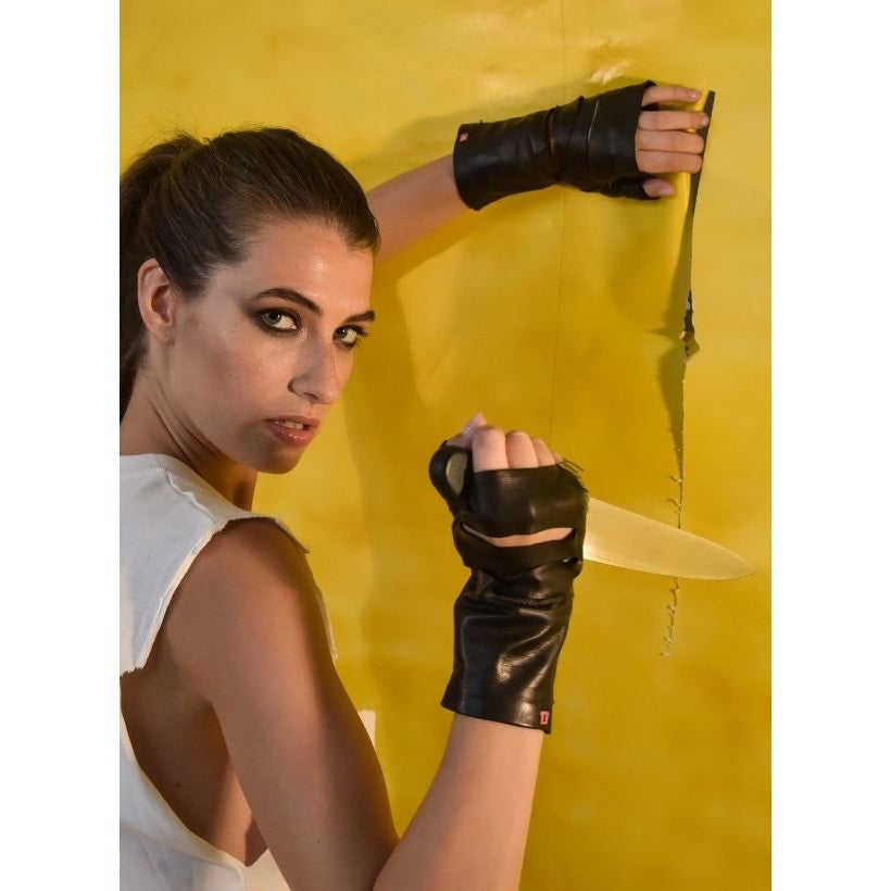 ⚫ POSH RIP Nude – Gants Sans Doigts en Cuir Noir